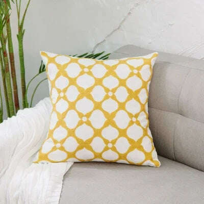 KIMLUD, Home Decor Embroidered Cushion Cover Yellow  Ginger/White Geometric Floral Canvas Cotton Square Embroidery Pillow Cover 45x45cm, E, KIMLUD Womens Clothes