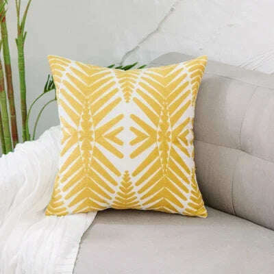 KIMLUD, Home Decor Embroidered Cushion Cover Yellow  Ginger/White Geometric Floral Canvas Cotton Square Embroidery Pillow Cover 45x45cm, F, KIMLUD Womens Clothes