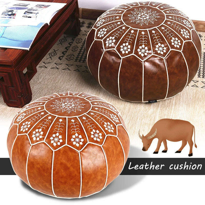KIMLUD, Home Decor Moroccan PU Leather Pouf Embroider Craft Ottoman Footstool Mediterranean Style Artificial Leather Unstuffed Cushion, KIMLUD Women's Clothes
