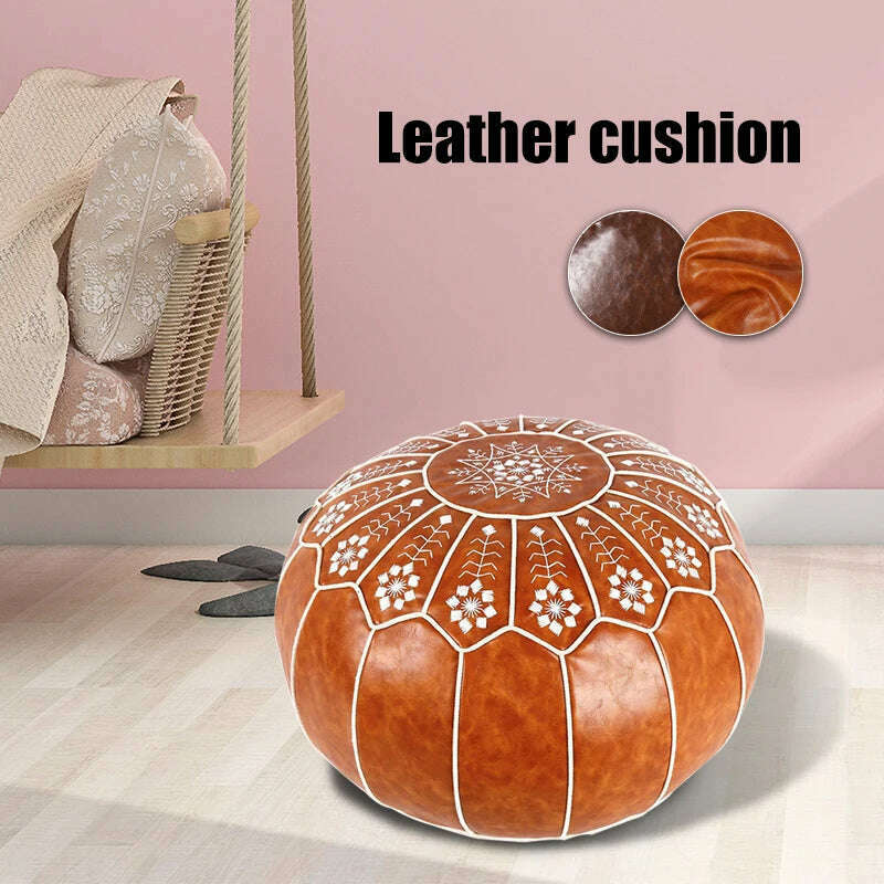 KIMLUD, Home Decor Moroccan PU Leather Pouf Embroider Craft Ottoman Footstool Mediterranean Style Artificial Leather Unstuffed Cushion, KIMLUD Women's Clothes