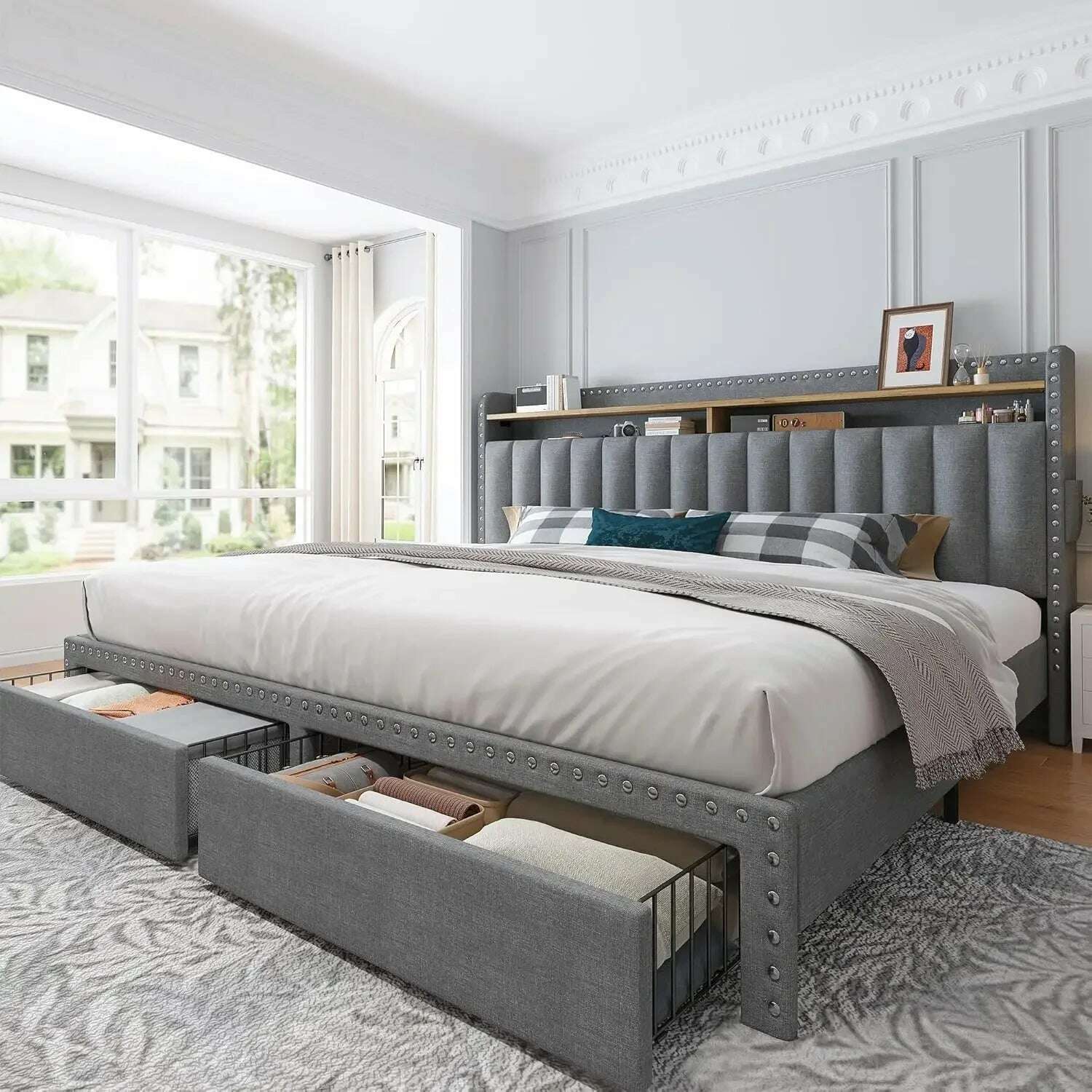 KIMLUD, home.King Size Bed Frame with Storage and Headboard, Upholstered King Bed Frame with Storage, Grey King Bed Frame, United States, KIMLUD APPAREL - Womens Clothes