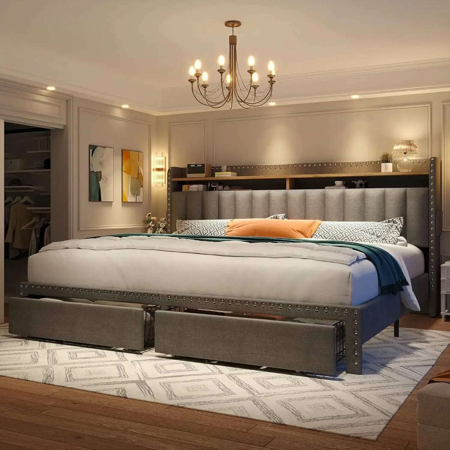 KIMLUD, home.King Size Bed Frame with Storage and Headboard, Upholstered King Bed Frame with Storage, Grey King Bed Frame, KIMLUD Womens Clothes