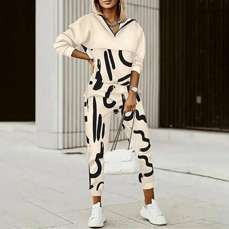 KIMLUD, Hooded Tops Elastic Waist Pants Casual Two Piece Set Vintage Printing Slim Fit Outfit Elegant Women Streetwear 2Pcs Matching Set, Letter Print(Hooded) / S, KIMLUD Womens Clothes