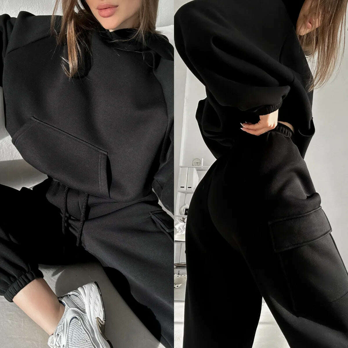 Hoodies Suit Winter Autumn Solid Casual Tracksuit Women Fleece 2 Pieces Set Sports Sweatshirts Pullover Jogger Sweatpants Outfit - KIMLUD