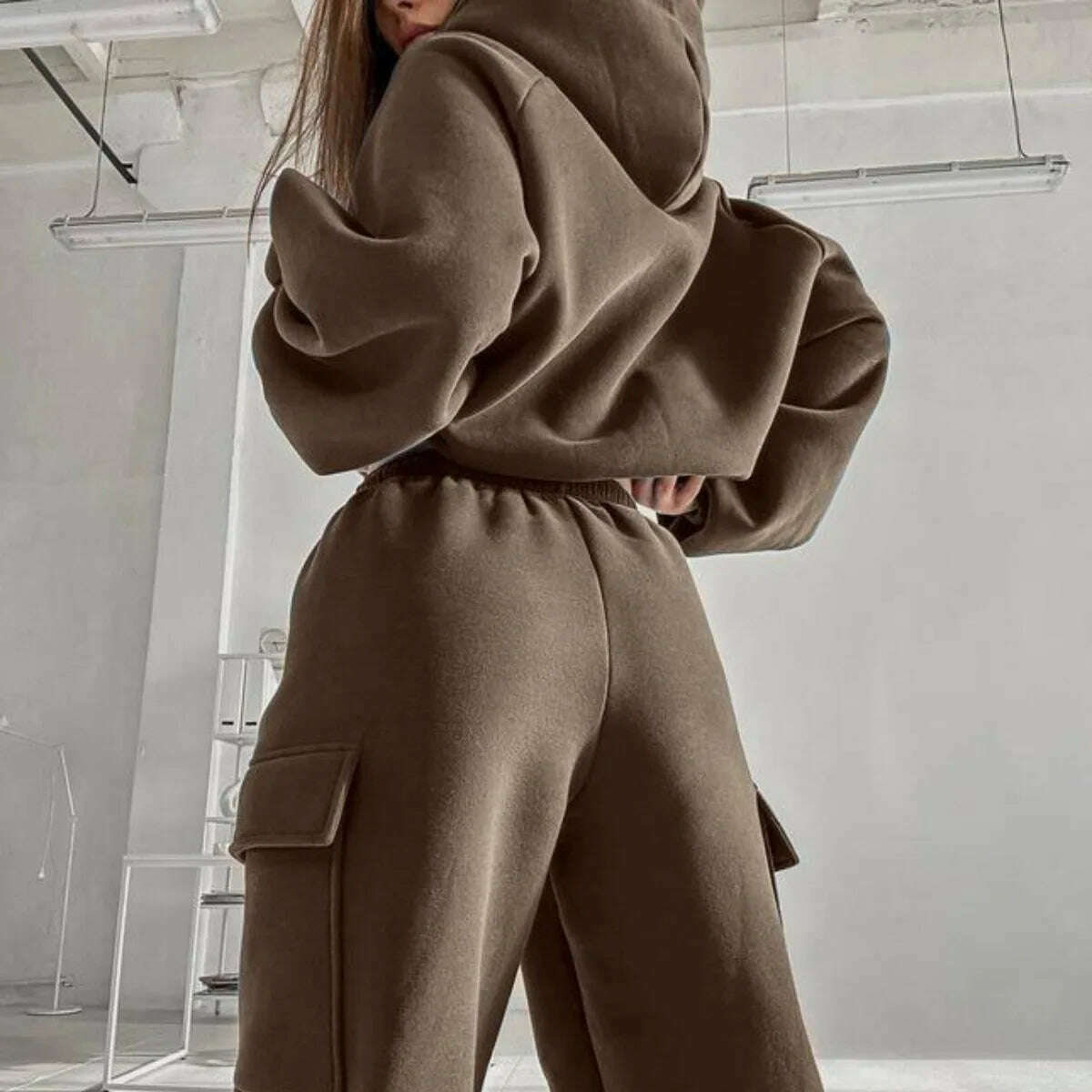 Hoodies Suit Winter Autumn Solid Casual Tracksuit Women Fleece 2 Pieces Set Sports Sweatshirts Pullover Jogger Sweatpants Outfit - KIMLUD