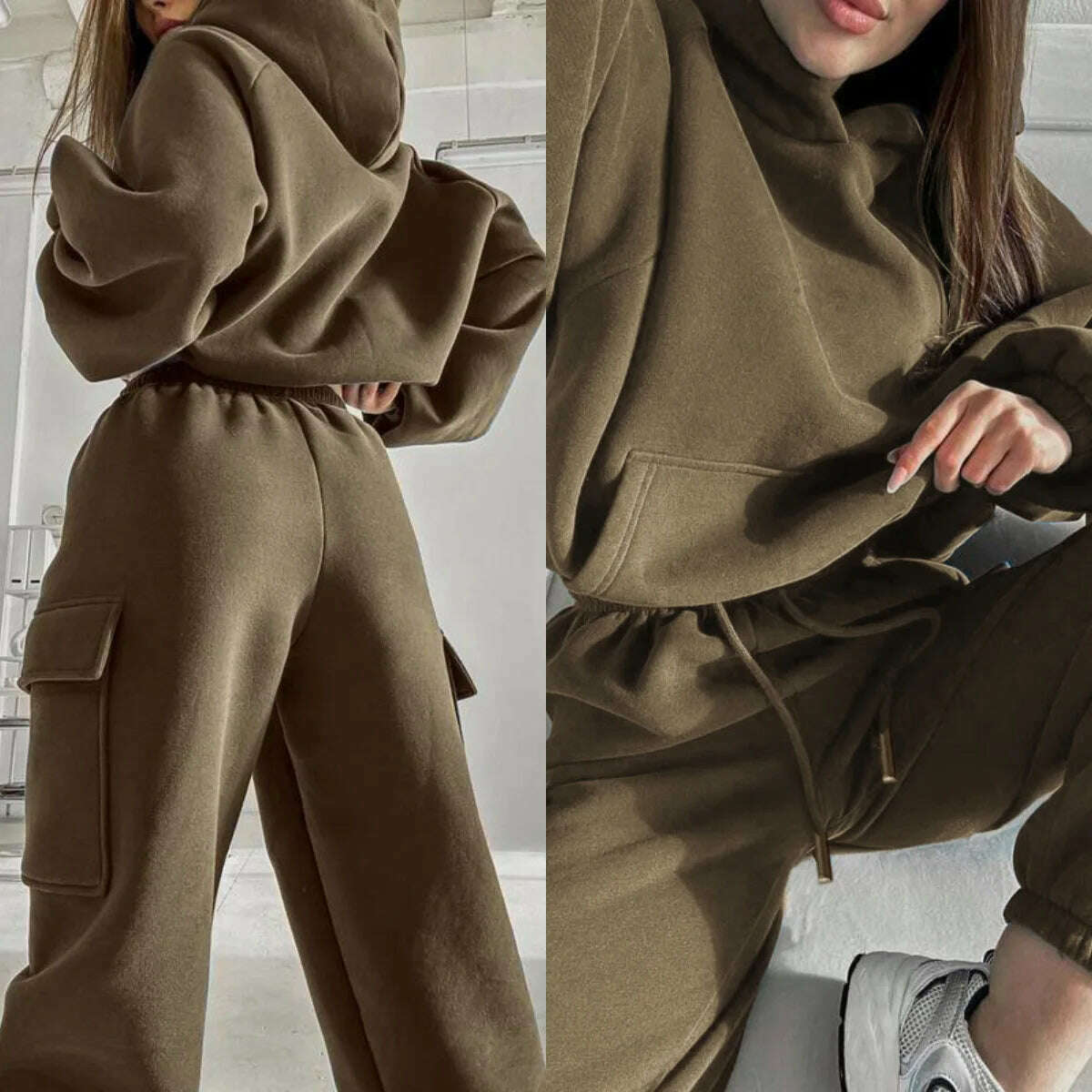 Hoodies Suit Winter Autumn Solid Casual Tracksuit Women Fleece 2 Pieces Set Sports Sweatshirts Pullover Jogger Sweatpants Outfit - KIMLUD