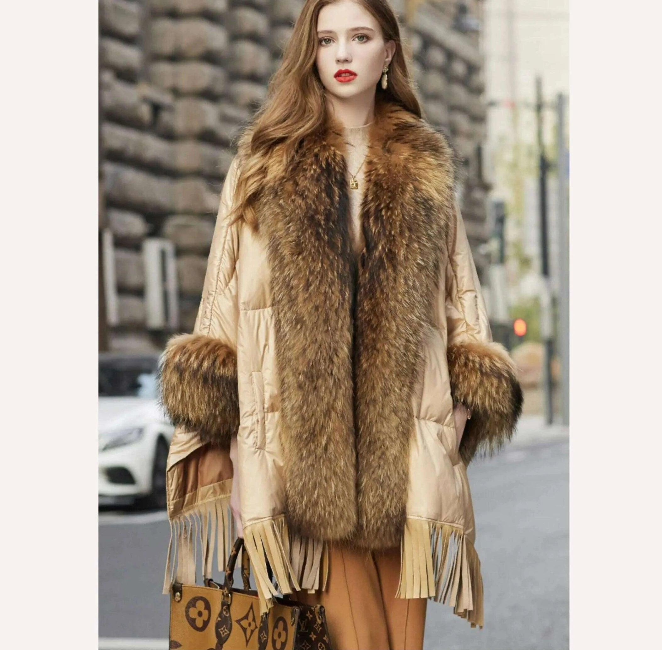 KIMLUD, Hot 2023 European Trend Fashion American Women Winter Jacket Real Raccoon Fur Streetwear Fashion Cloak Goose Down Down Coat, Khaki / One size, KIMLUD Womens Clothes