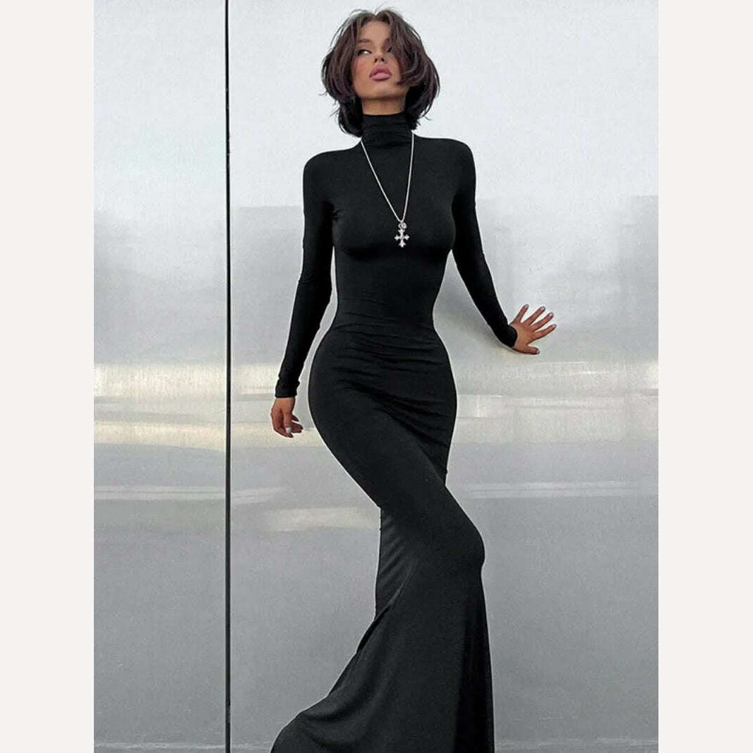 KIMLUD, Hot Elegant Turtleneck Long Maxi Dresses for Women Fashion Streetwear Office Lady High Waist Long Sleeve Slim Fit Evening Dress, Black / S, KIMLUD Womens Clothes