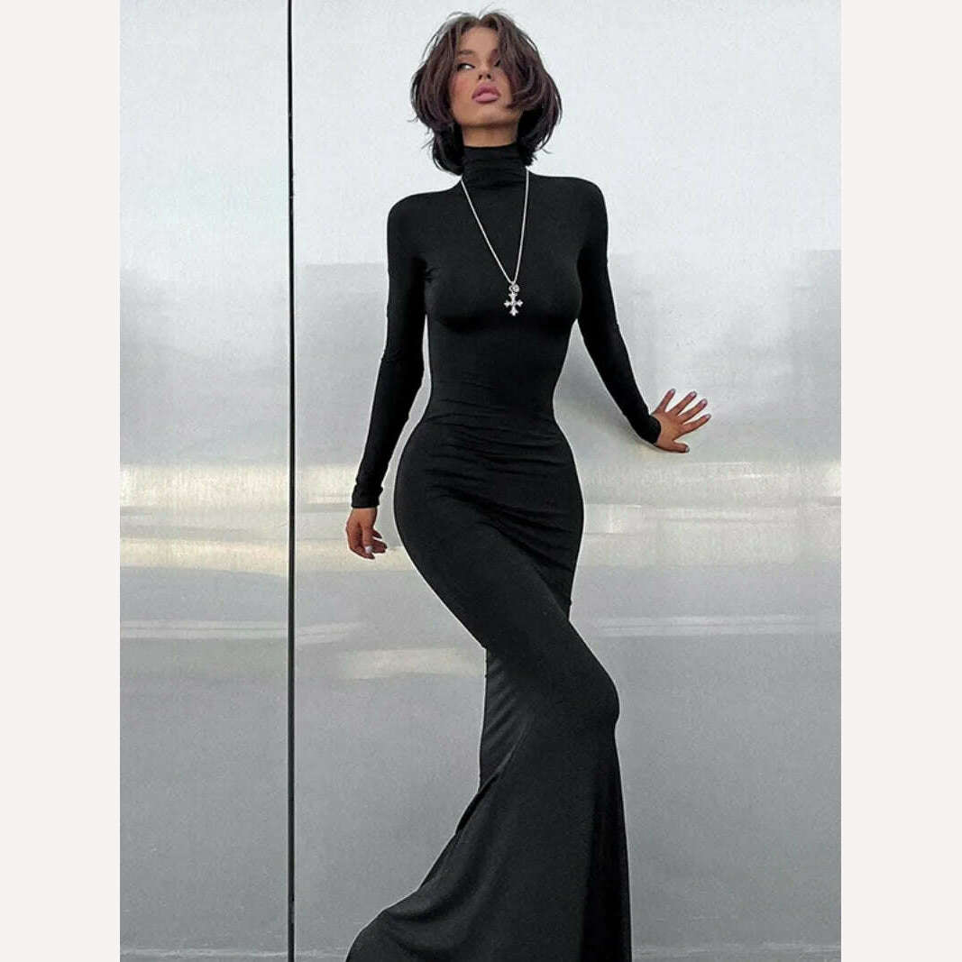 KIMLUD, Hot Elegant Turtleneck Long Maxi Dresses for Women Fashion Streetwear Office Lady High Waist Long Sleeve Slim Fit Evening Dress, Black / S, KIMLUD APPAREL - Womens Clothes