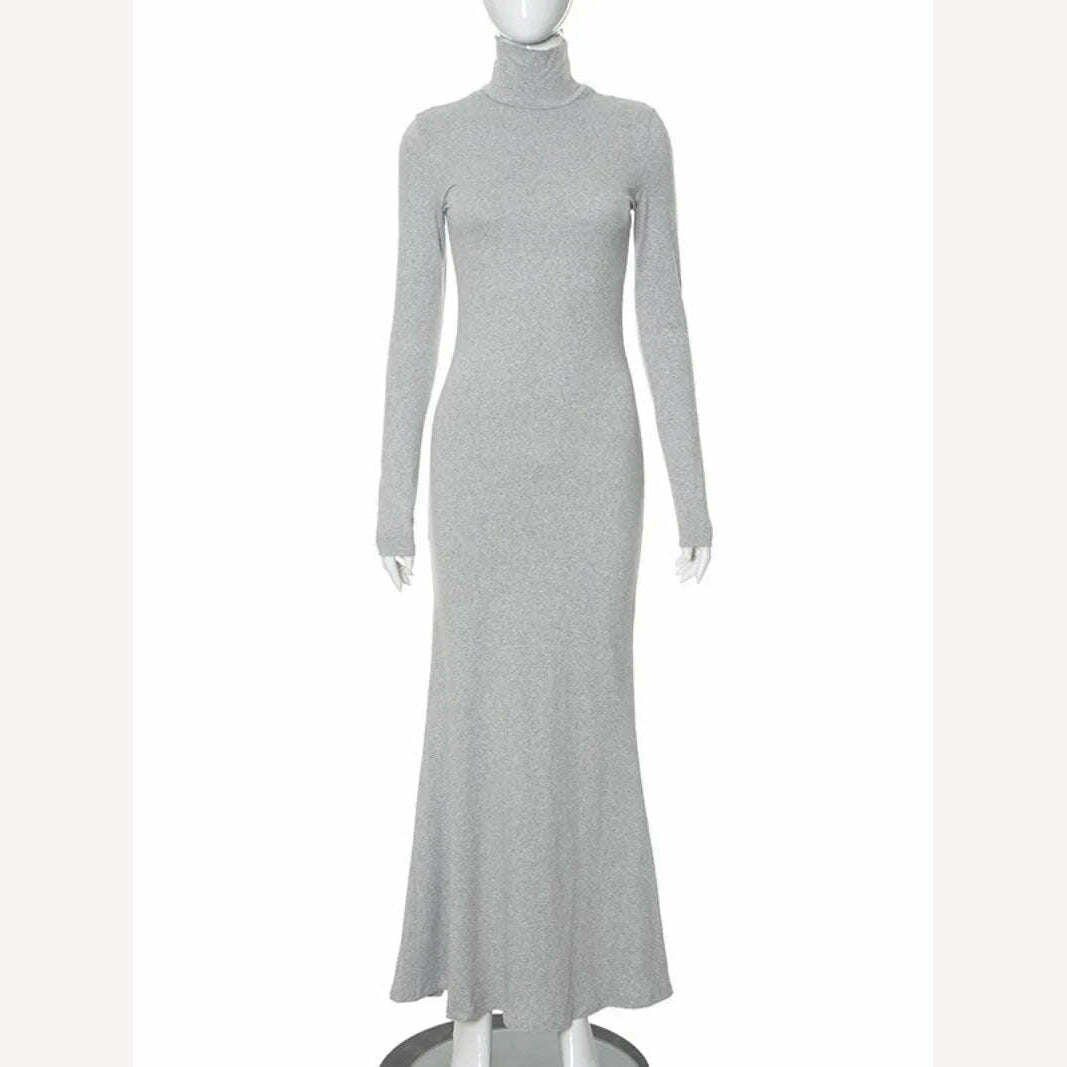 KIMLUD, Hot Elegant Turtleneck Long Maxi Dresses for Women Fashion Streetwear Office Lady High Waist Long Sleeve Slim Fit Evening Dress, Gray / S, KIMLUD Womens Clothes