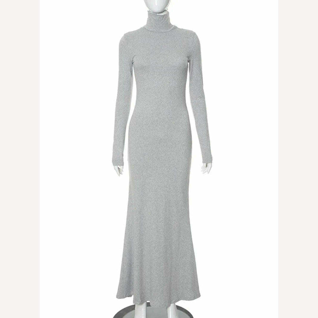 KIMLUD, Hot Elegant Turtleneck Long Maxi Dresses for Women Fashion Streetwear Office Lady High Waist Long Sleeve Slim Fit Evening Dress, Gray / S, KIMLUD APPAREL - Womens Clothes
