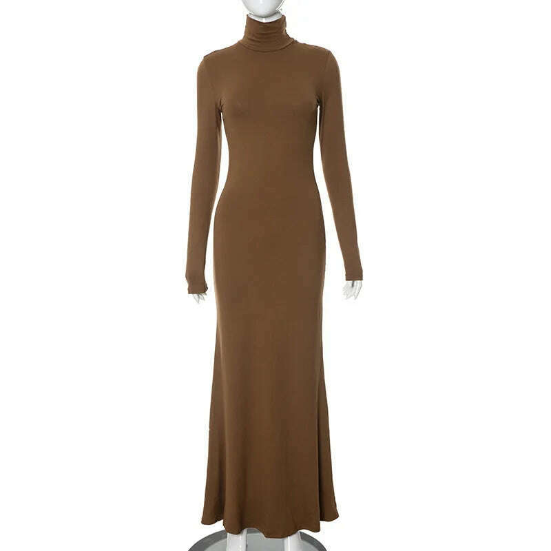 KIMLUD, Hot Elegant Turtleneck Long Maxi Dresses for Women Fashion Streetwear Office Lady High Waist Long Sleeve Slim Fit Evening Dress, Brown / S, KIMLUD APPAREL - Womens Clothes