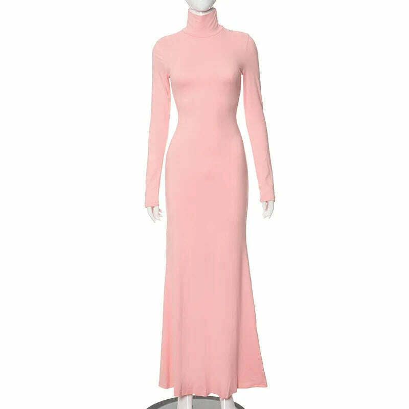 KIMLUD, Hot Elegant Turtleneck Long Maxi Dresses for Women Fashion Streetwear Office Lady High Waist Long Sleeve Slim Fit Evening Dress, Pink / S, KIMLUD Womens Clothes