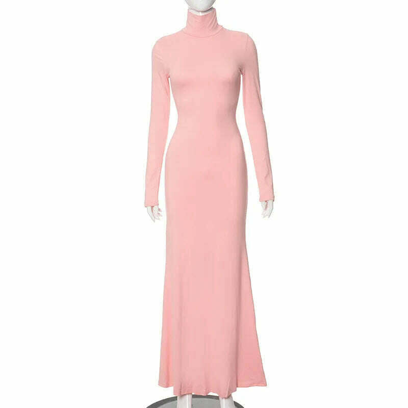 KIMLUD, Hot Elegant Turtleneck Long Maxi Dresses for Women Fashion Streetwear Office Lady High Waist Long Sleeve Slim Fit Evening Dress, Pink / S, KIMLUD APPAREL - Womens Clothes