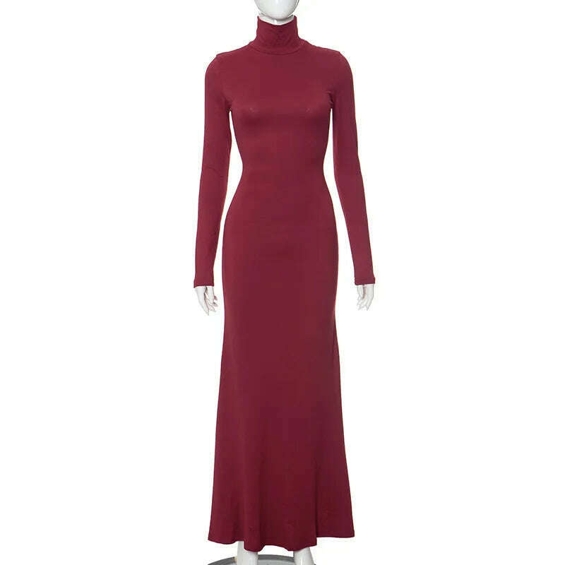 KIMLUD, Hot Elegant Turtleneck Long Maxi Dresses for Women Fashion Streetwear Office Lady High Waist Long Sleeve Slim Fit Evening Dress, Burgundy / S, KIMLUD Womens Clothes