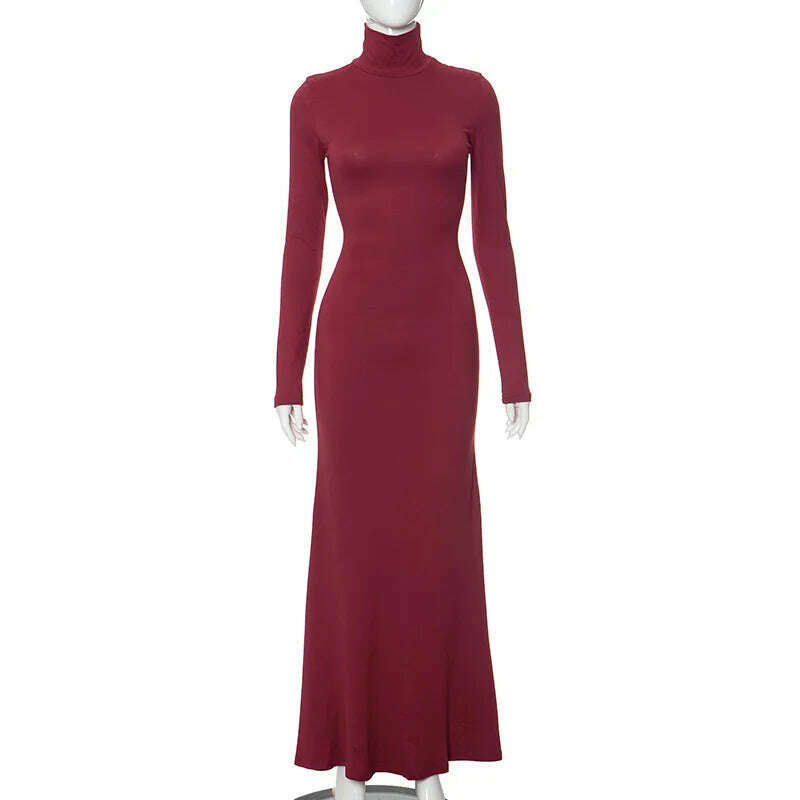 KIMLUD, Hot Elegant Turtleneck Long Maxi Dresses for Women Fashion Streetwear Office Lady High Waist Long Sleeve Slim Fit Evening Dress, Burgundy / S, KIMLUD APPAREL - Womens Clothes