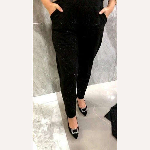 Hot Rhinestone Casual Pants Women Fashion Pocket Elastic Waist Loose Black Harem Pants 2022 Fall Winter Sweatpants Oversized 7xl - KIMLUD