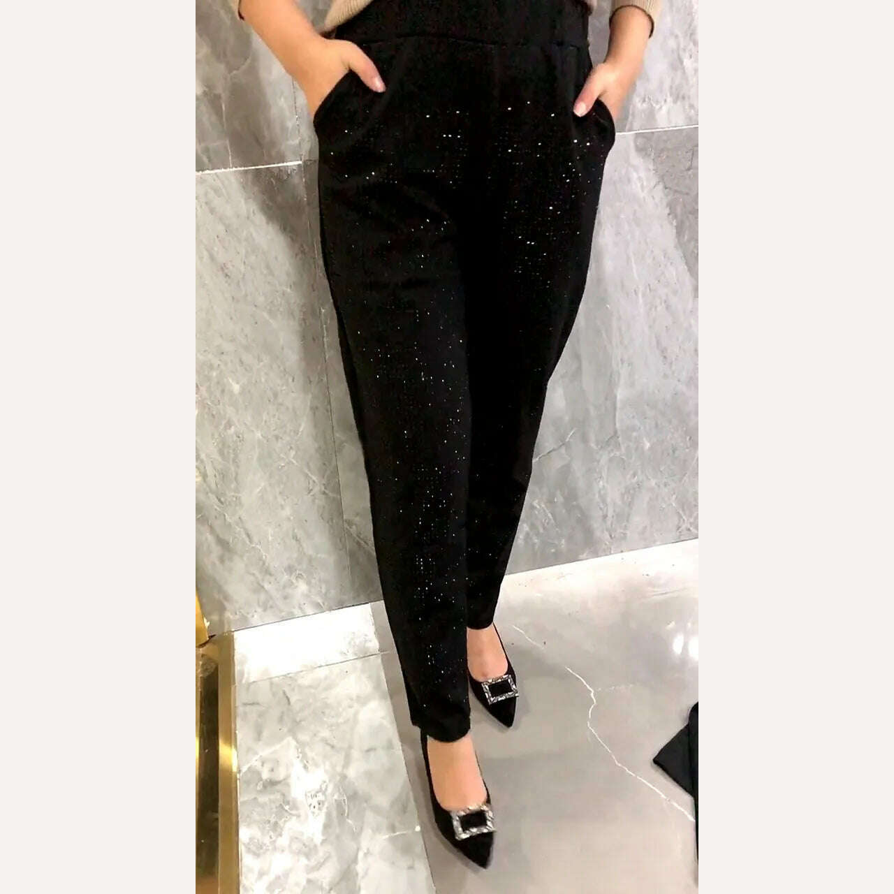 Hot Rhinestone Casual Pants Women Fashion Pocket Elastic Waist Loose Black Harem Pants 2022 Fall Winter Sweatpants Oversized 7xl - KIMLUD