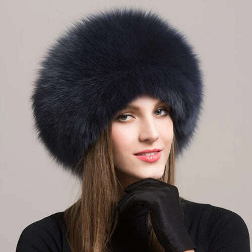 KIMLUD, Hot Sale 100% natural Fox Fur Hat Women Cap Thick Fur Cap Winter Warm Hat Female Fashion For Women Hat With Earmuffs Hat, dark blue, KIMLUD Women's Clothes