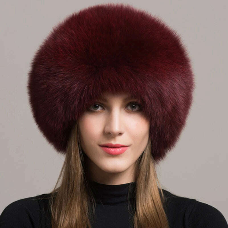 KIMLUD, Hot Sale 100% natural Fox Fur Hat Women Cap Thick Fur Cap Winter Warm Hat Female Fashion For Women Hat With Earmuffs Hat, wine red, KIMLUD Women's Clothes