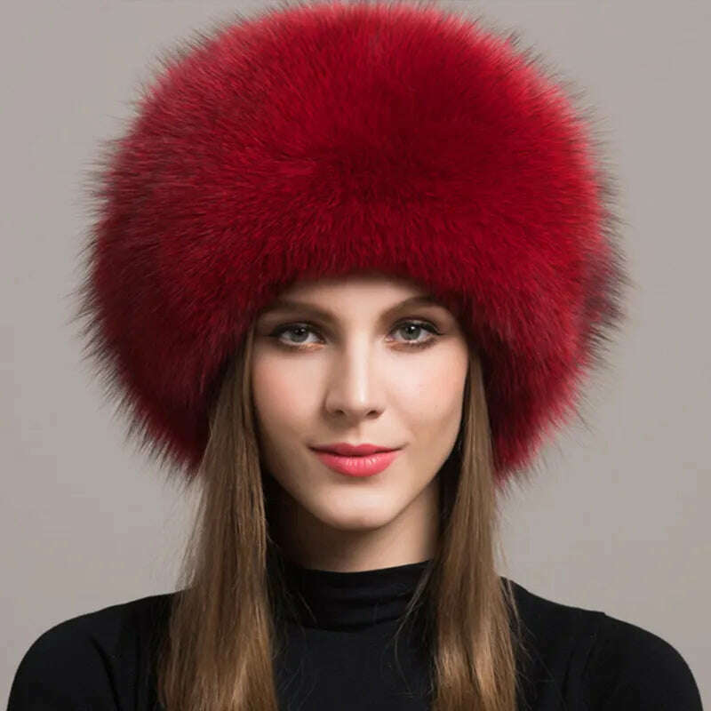 KIMLUD, Hot Sale 100% natural Fox Fur Hat Women Cap Thick Fur Cap Winter Warm Hat Female Fashion For Women Hat With Earmuffs Hat, red, KIMLUD Womens Clothes