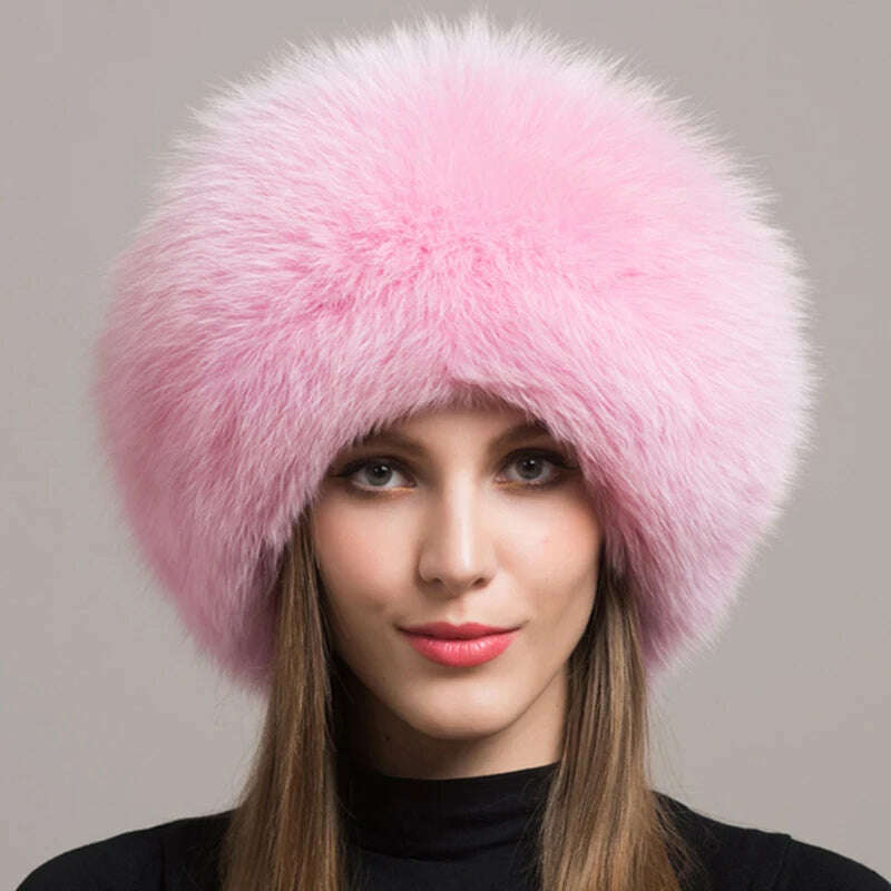 KIMLUD, Hot Sale 100% natural Fox Fur Hat Women Cap Thick Fur Cap Winter Warm Hat Female Fashion For Women Hat With Earmuffs Hat, pink, KIMLUD Women's Clothes