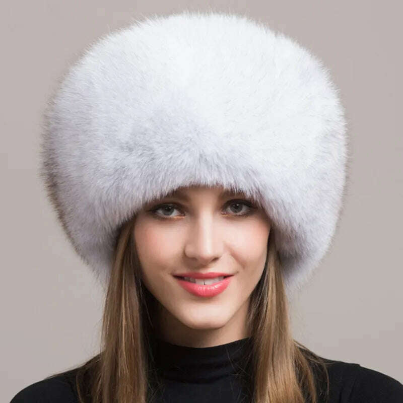 KIMLUD, Hot Sale 100% natural Fox Fur Hat Women Cap Thick Fur Cap Winter Warm Hat Female Fashion For Women Hat With Earmuffs Hat, natural fox white, KIMLUD Women's Clothes