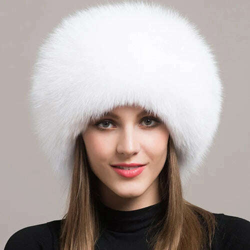 KIMLUD, Hot Sale 100% natural Fox Fur Hat Women Cap Thick Fur Cap Winter Warm Hat Female Fashion For Women Hat With Earmuffs Hat, white, KIMLUD Women's Clothes