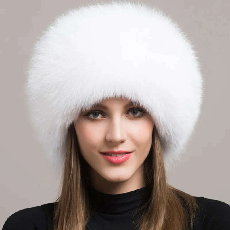 KIMLUD, Hot Sale 100% natural Fox Fur Hat Women Cap Thick Fur Cap Winter Warm Hat Female Fashion For Women Hat With Earmuffs Hat, KIMLUD Womens Clothes