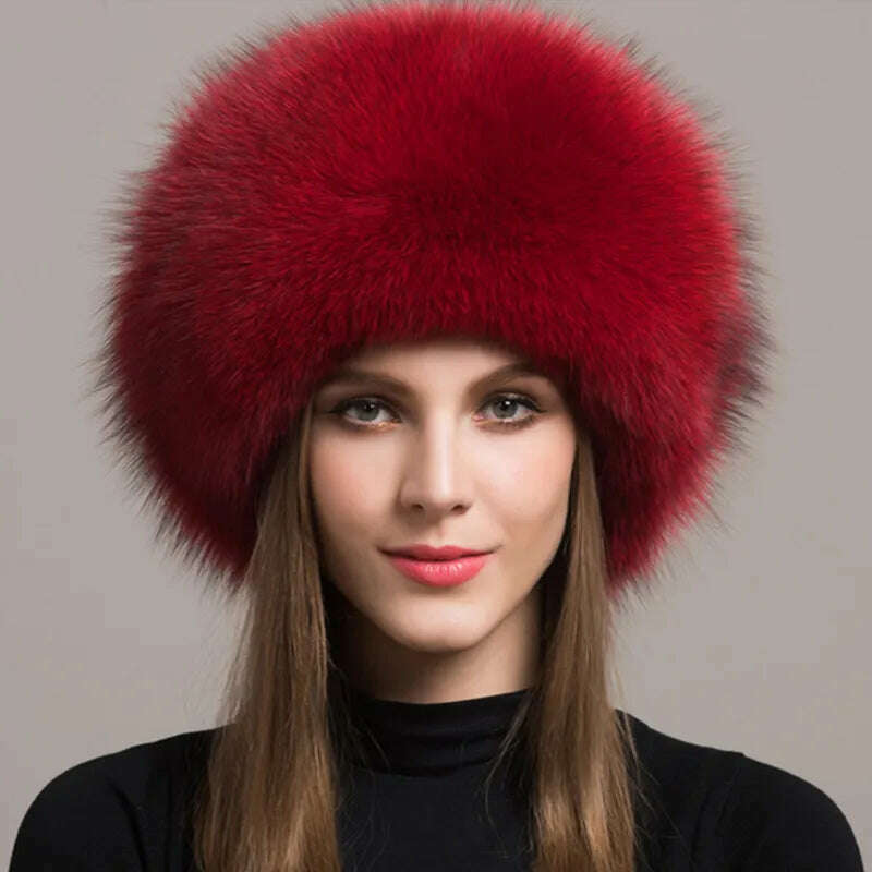 KIMLUD, Hot Sale 100% natural Fox Fur Hat Women Cap Thick Fur Cap Winter Warm Hat Female Fashion For Women Hat With Earmuffs Hat, KIMLUD Women's Clothes