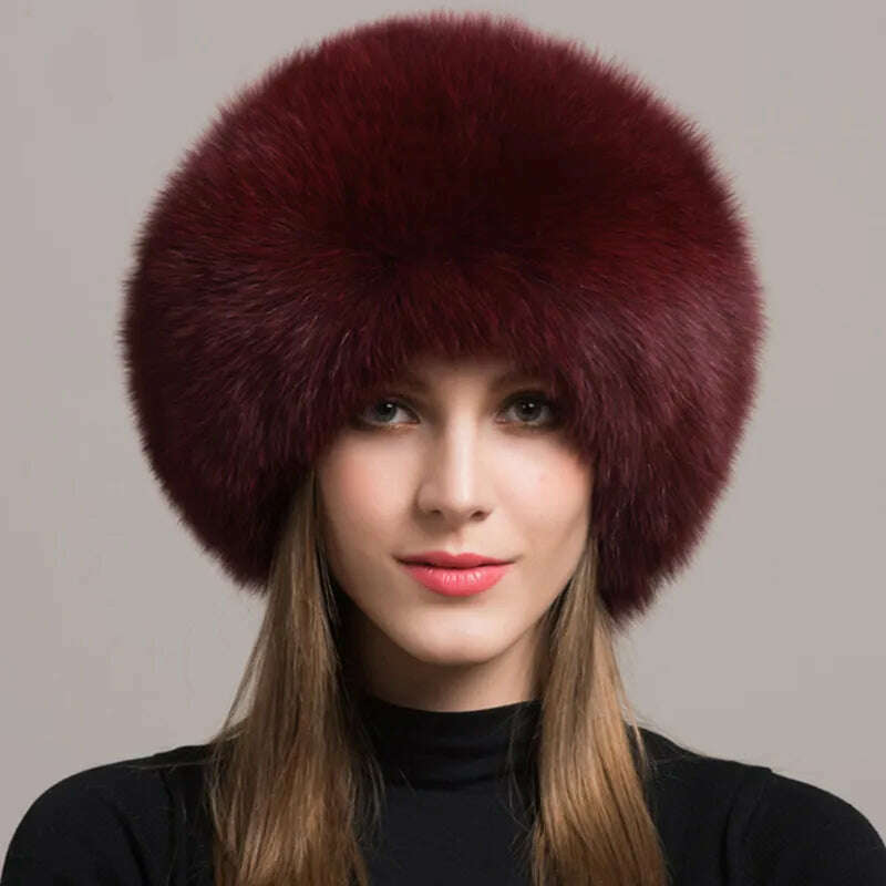 KIMLUD, Hot Sale 100% natural Fox Fur Hat Women Cap Thick Fur Cap Winter Warm Hat Female Fashion For Women Hat With Earmuffs Hat, KIMLUD Womens Clothes