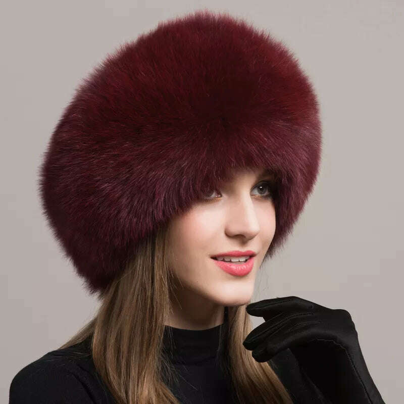 KIMLUD, Hot Sale 100% natural Fox Fur Hat Women Cap Thick Fur Cap Winter Warm Hat Female Fashion For Women Hat With Earmuffs Hat, KIMLUD Womens Clothes