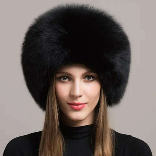 Hot Sale 100% natural Fox Fur Hat Women Cap Thick Fur Cap Winter Warm Hat Female Fashion For Women Hat With Earmuffs Hat, black, KIMLUD Women's Clothes