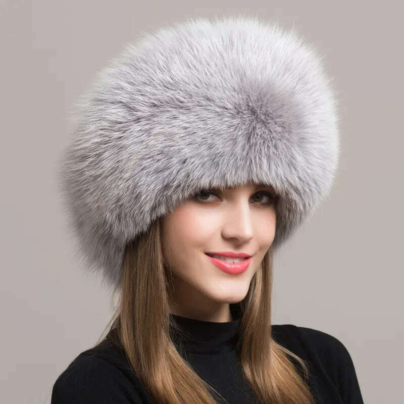 Hot Sale 100% natural Fox Fur Hat Women Cap Thick Fur Cap Winter Warm Hat Female Fashion For Women Hat With Earmuffs Hat, KIMLUD Women's Clothes