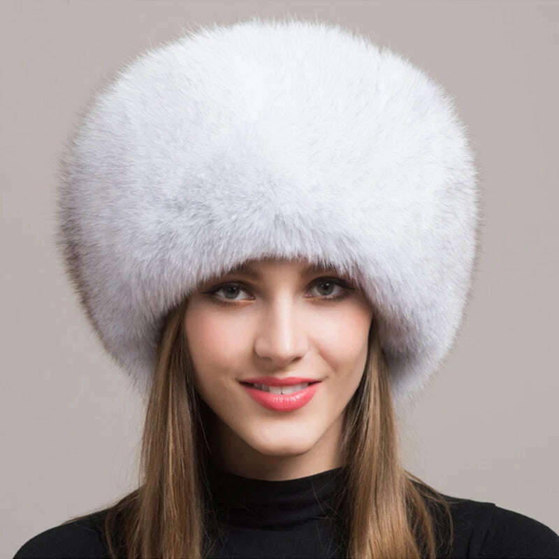 KIMLUD, Hot Sale 100% natural Fox Fur Hat Women Cap Thick Fur Cap Winter Warm Hat Female Fashion For Women Hat With Earmuffs Hat, KIMLUD Womens Clothes