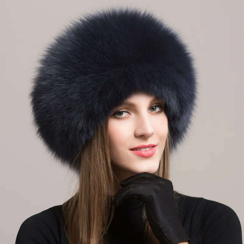 KIMLUD, Hot Sale 100% natural Fox Fur Hat Women Cap Thick Fur Cap Winter Warm Hat Female Fashion For Women Hat With Earmuffs Hat, KIMLUD Womens Clothes