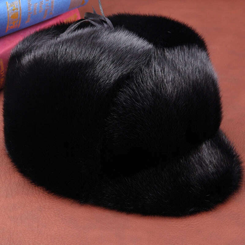 KIMLUD, Hot Sale 100% Real Fur Hat Russian Mens Dad Ushanka Bomber Mink Fur Caps Winter Warm Aviator Black Fur Hats Free Delivery, KIMLUD Women's Clothes