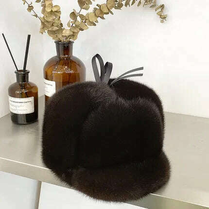 Hot Sale 100% Real Fur Hat Russian Mens Dad Ushanka Bomber Mink Fur Caps Winter Warm Aviator Black Fur Hats Free Delivery - KIMLUD