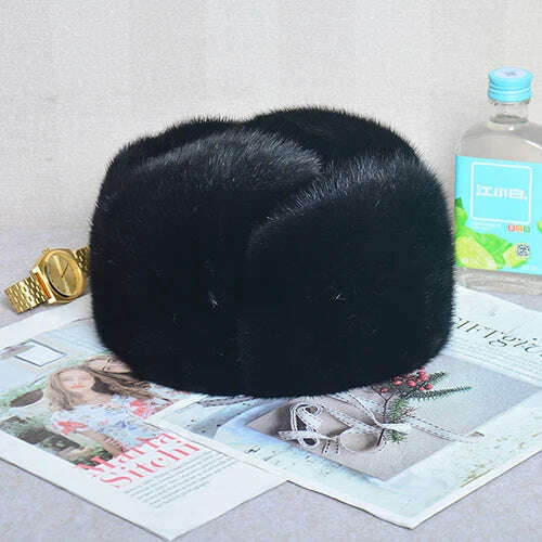 Hot Sale 100% Real Fur Hat Russian Mens Dad Ushanka Bomber Mink Fur Caps Winter Warm Aviator Black Fur Hats Free Delivery - KIMLUD
