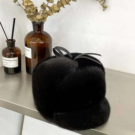 Hot Sale 100% Real Fur Hat Russian Mens Dad Ushanka Bomber Mink Fur Caps Winter Warm Aviator Black Fur Hats Free Delivery - KIMLUD
