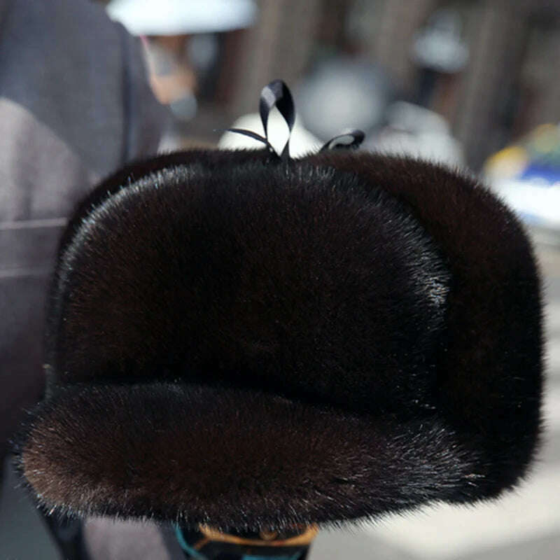 Hot Sale 100% Real Fur Hat Russian Mens Dad Ushanka Bomber Mink Fur Caps Winter Warm Aviator Black Fur Hats Free Delivery - KIMLUD