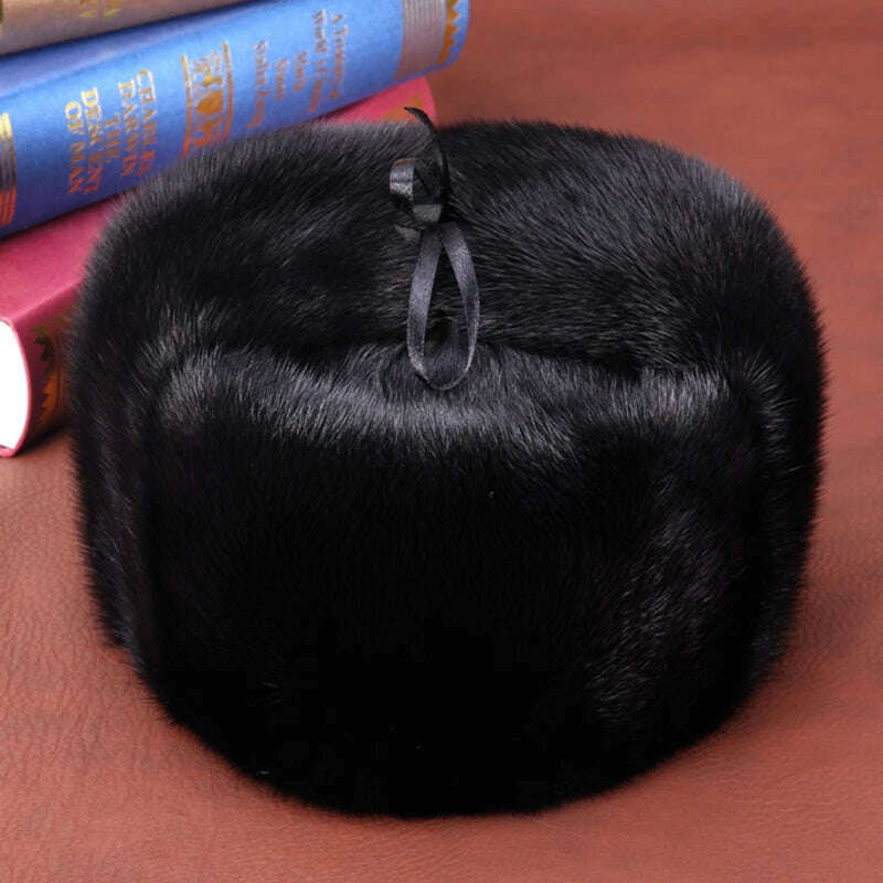 Hot Sale 100% Real Fur Hat Russian Mens Dad Ushanka Bomber Mink Fur Caps Winter Warm Aviator Black Fur Hats Free Delivery - KIMLUD