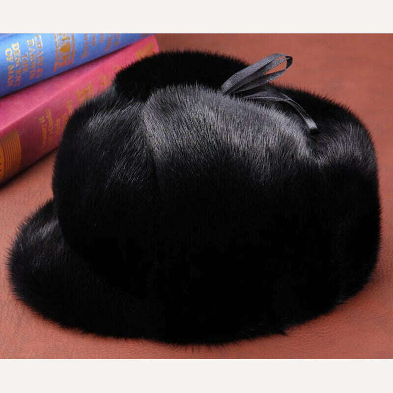 Hot Sale 100% Real Fur Hat Russian Mens Dad Ushanka Bomber Mink Fur Caps Winter Warm Aviator Black Fur Hats Free Delivery - KIMLUD