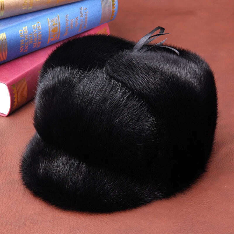 Hot Sale 100% Real Fur Hat Russian Mens Dad Ushanka Bomber Mink Fur Caps Winter Warm Aviator Black Fur Hats Free Delivery - KIMLUD