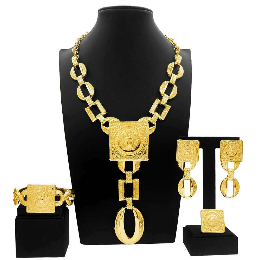 Hot Sale Fashion Ladies Necklace Jewelry Set Face Shape Chain Pendant Design Large Earrings Square Ring Gift Luxury Bijoux - KIMLUD