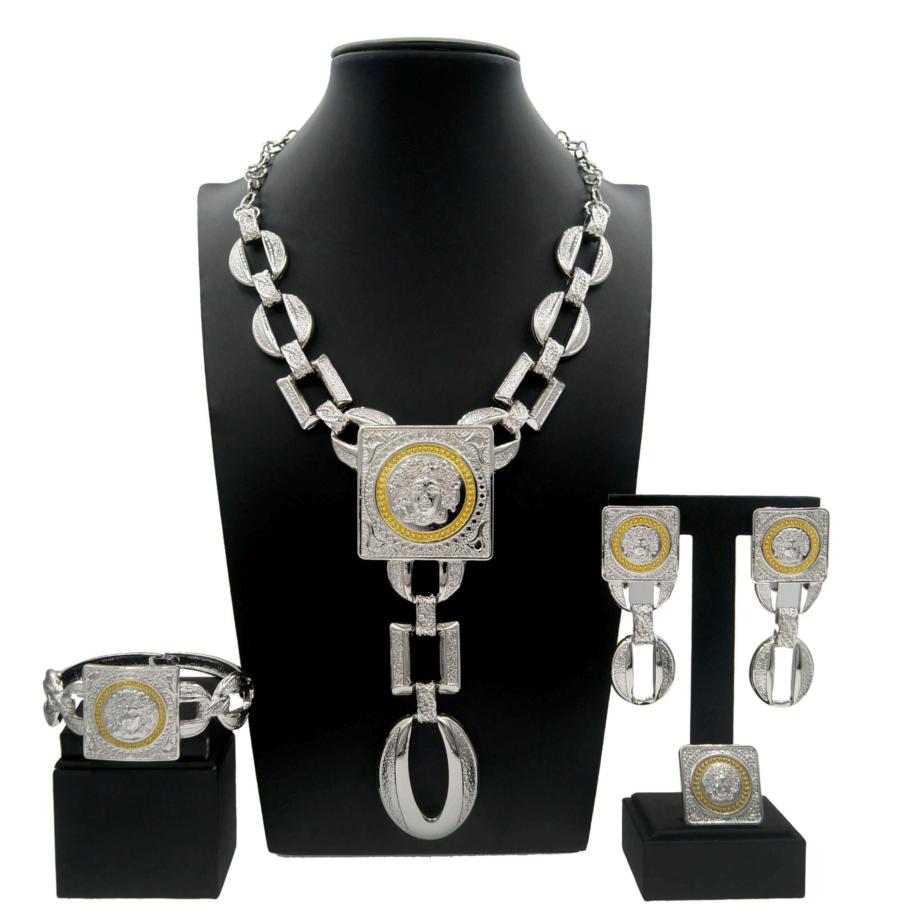 Hot Sale Fashion Ladies Necklace Jewelry Set Face Shape Chain Pendant Design Large Earrings Square Ring Gift Luxury Bijoux - KIMLUD