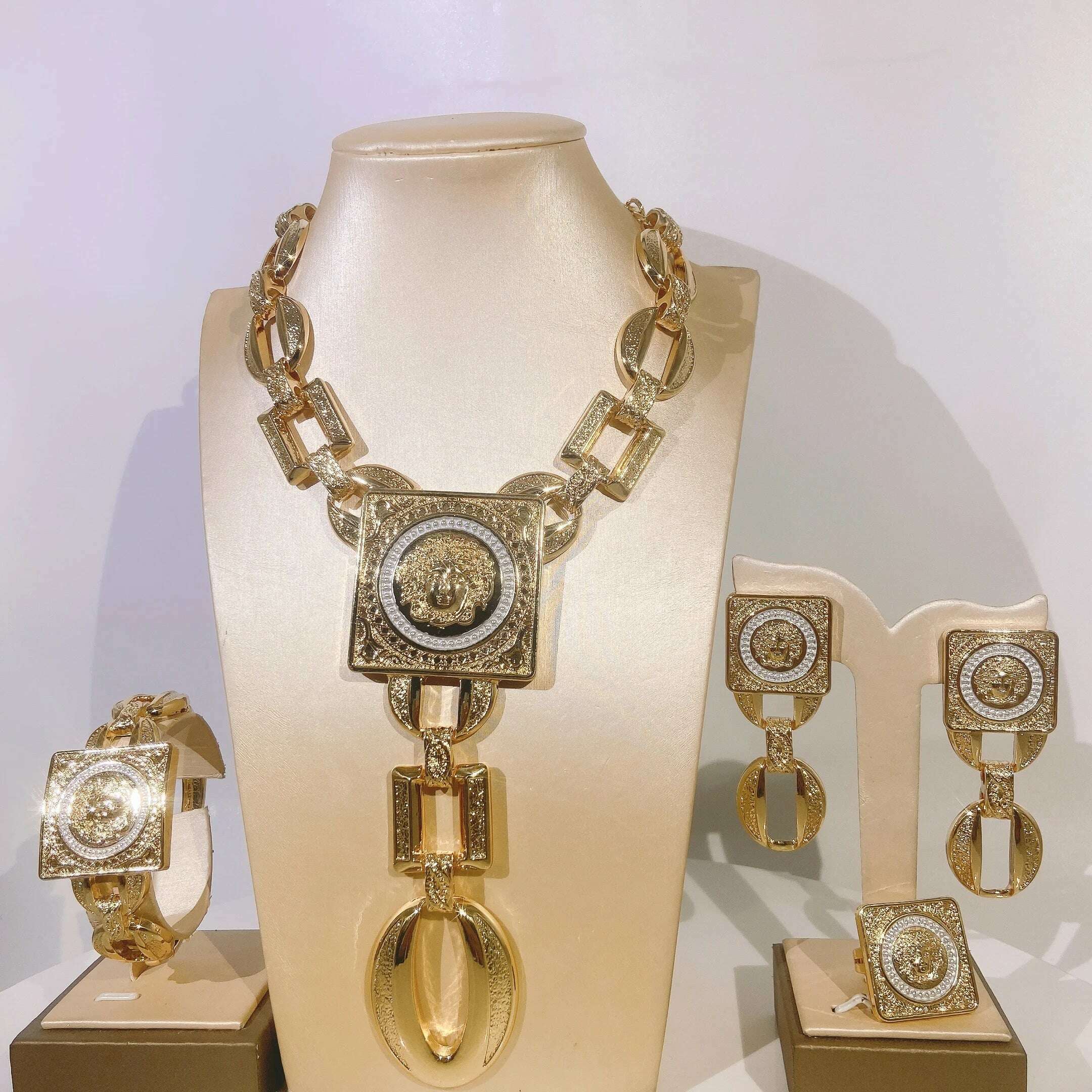 Hot Sale Fashion Ladies Necklace Jewelry Set Face Shape Chain Pendant Design Large Earrings Square Ring Gift Luxury Bijoux - KIMLUD
