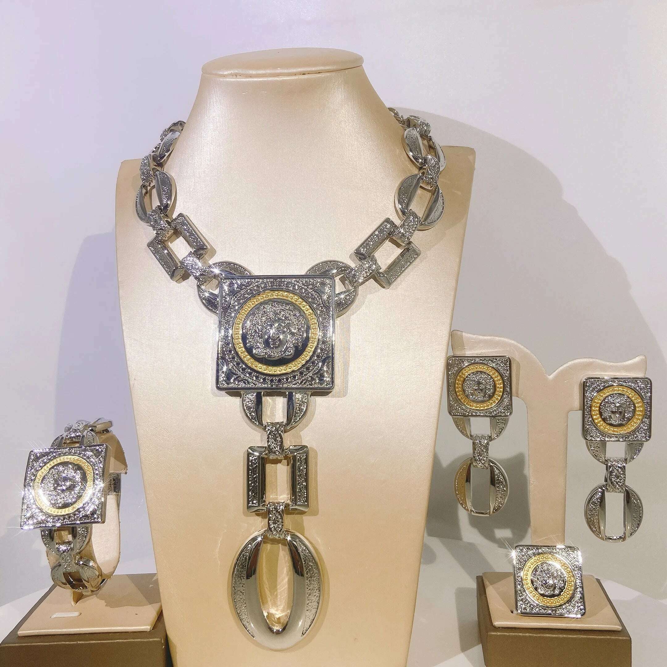 Hot Sale Fashion Ladies Necklace Jewelry Set Face Shape Chain Pendant Design Large Earrings Square Ring Gift Luxury Bijoux - KIMLUD