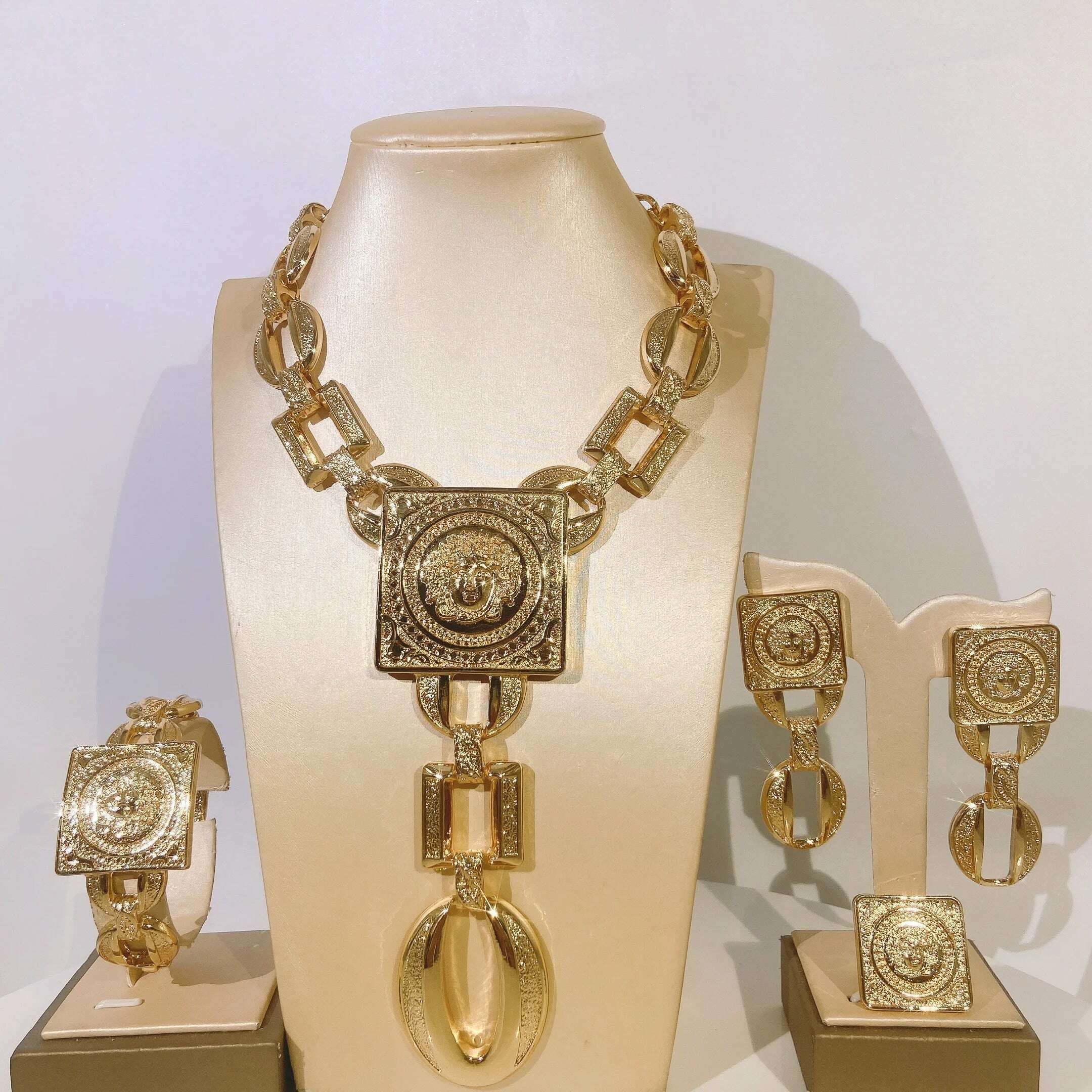 Hot Sale Fashion Ladies Necklace Jewelry Set Face Shape Chain Pendant Design Large Earrings Square Ring Gift Luxury Bijoux - KIMLUD