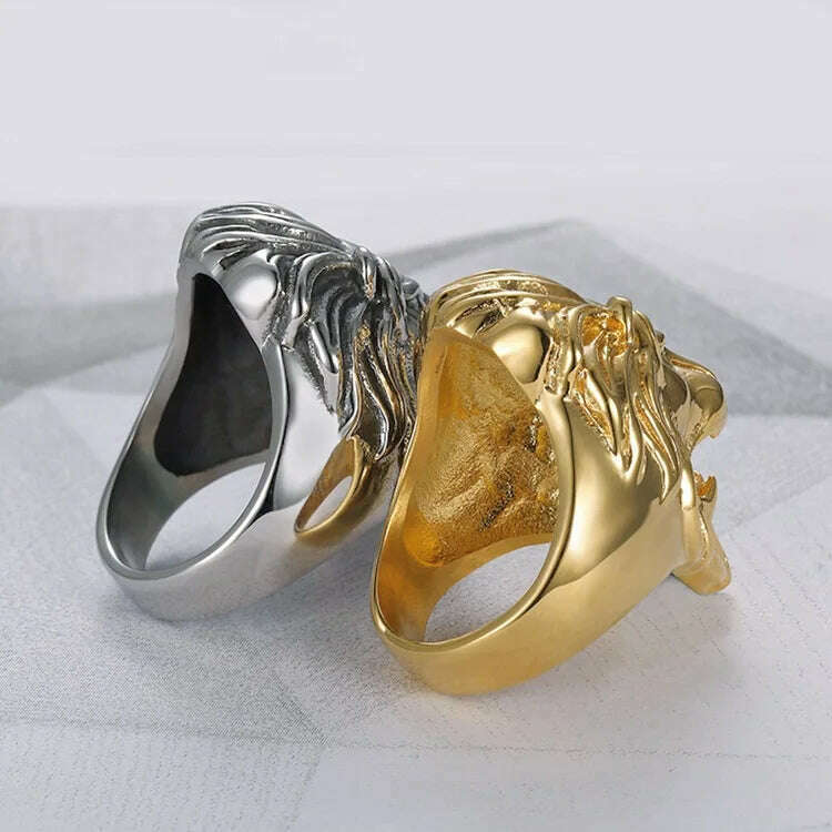 KIMLUD, hot sale Gold silver color Stainless steel Lion 's head Men Hip hop rings fashion punk Animal shape ring male Hiphop jewelry, KIMLUD Womens Clothes